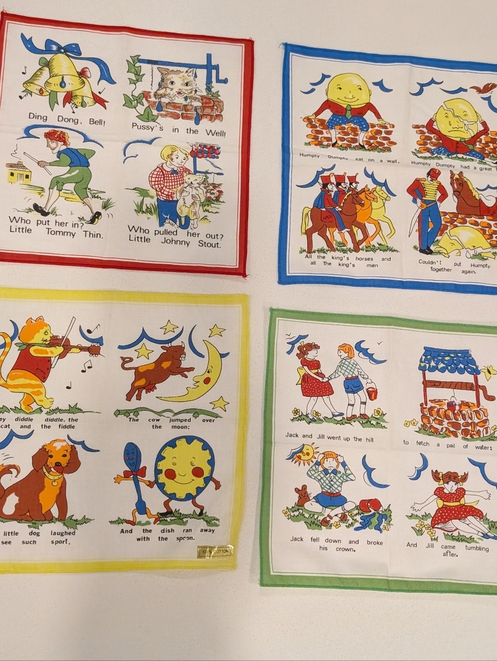 Set of 4 Vintage Nursery Rhyme Handkerchiefs - Red, Blue, Yellow, Green Trim
